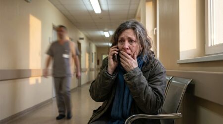 Femme bouleversée au téléphone dans un couloir d'hôpital
