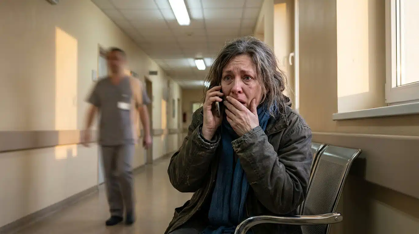 Femme bouleversée au téléphone dans un couloir d'hôpital