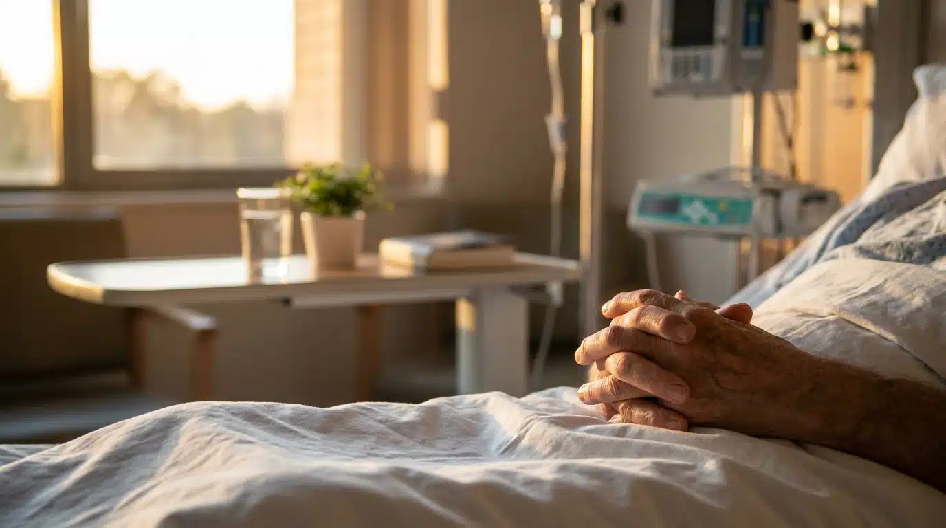 Mains jointes au chevet d'un lit d'hôpital