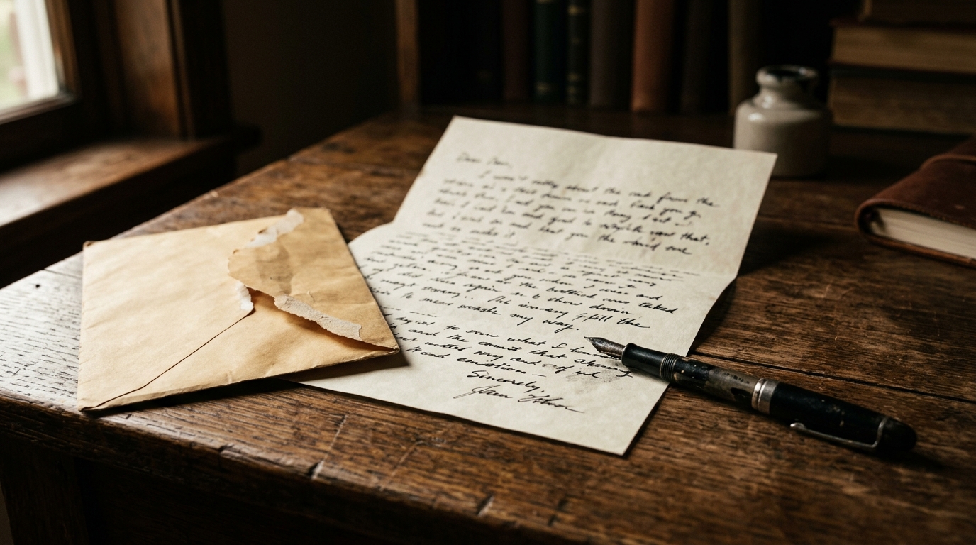Lettre manuscrite posée sur un bureau en bois