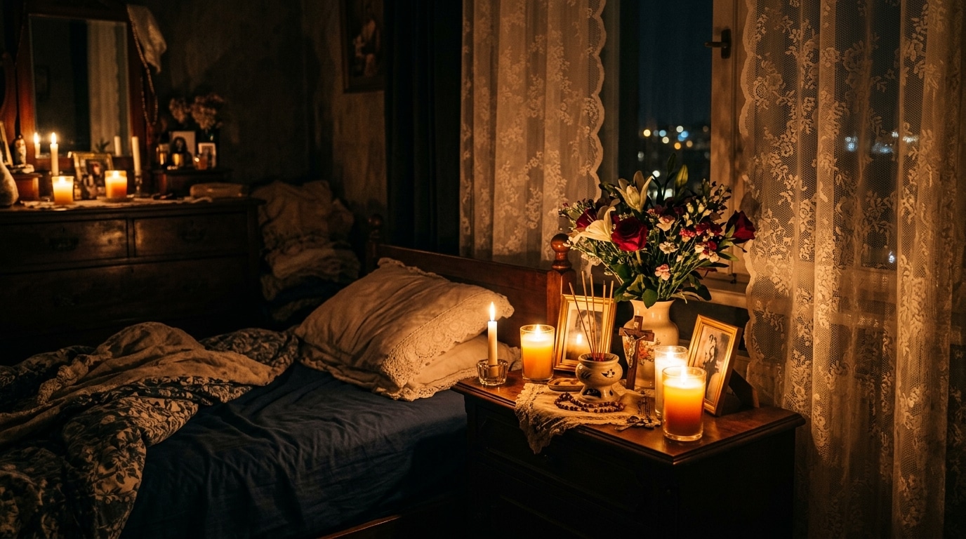Chambre transformée en sanctuaire avec bougies et fleurs