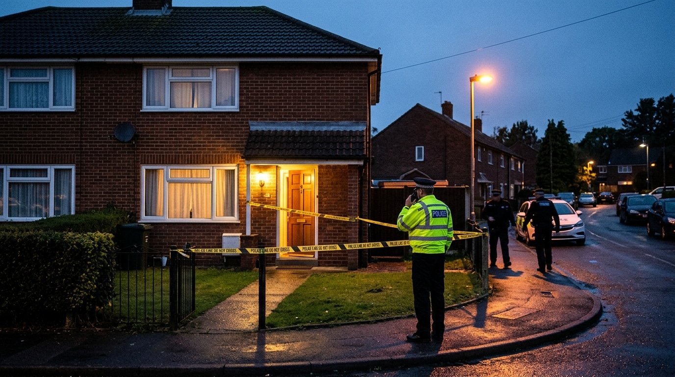 Maison britannique avec ruban de police au crépuscule