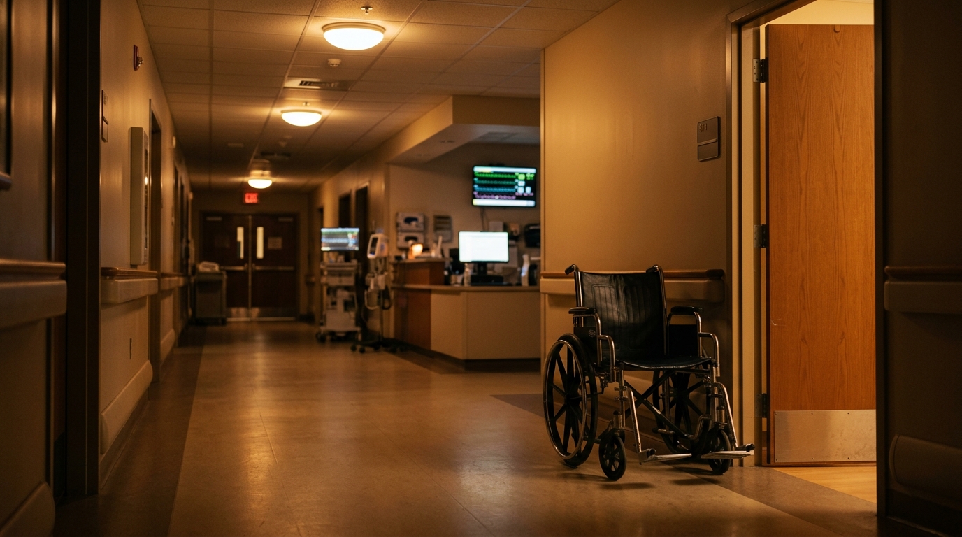 Couloir d'hôpital vide la nuit avec fauteuil roulant
