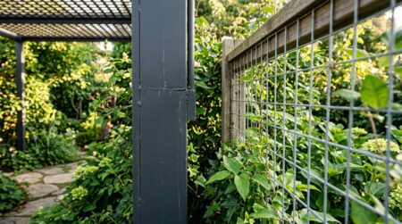 Pergola métallique installée juste contre une clôture