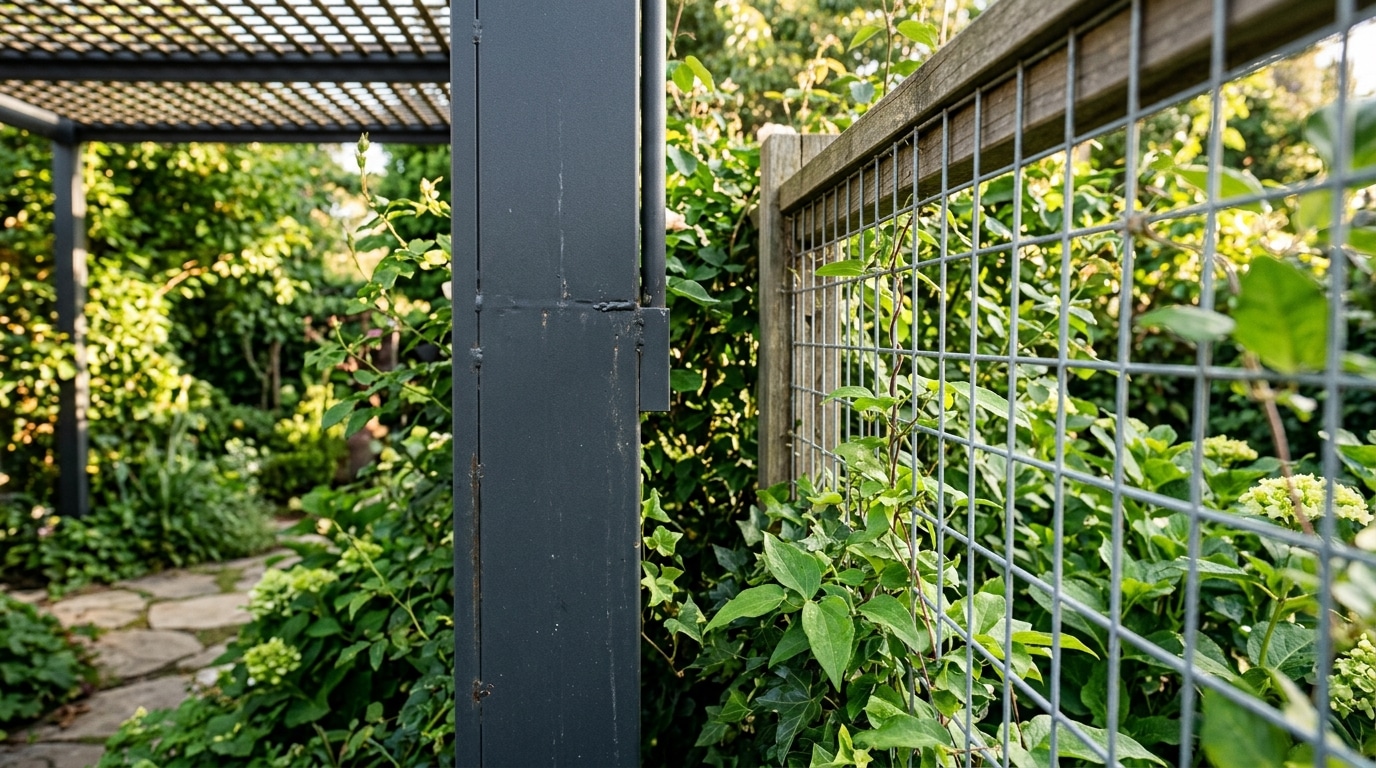 Pergola métallique installée juste contre une clôture