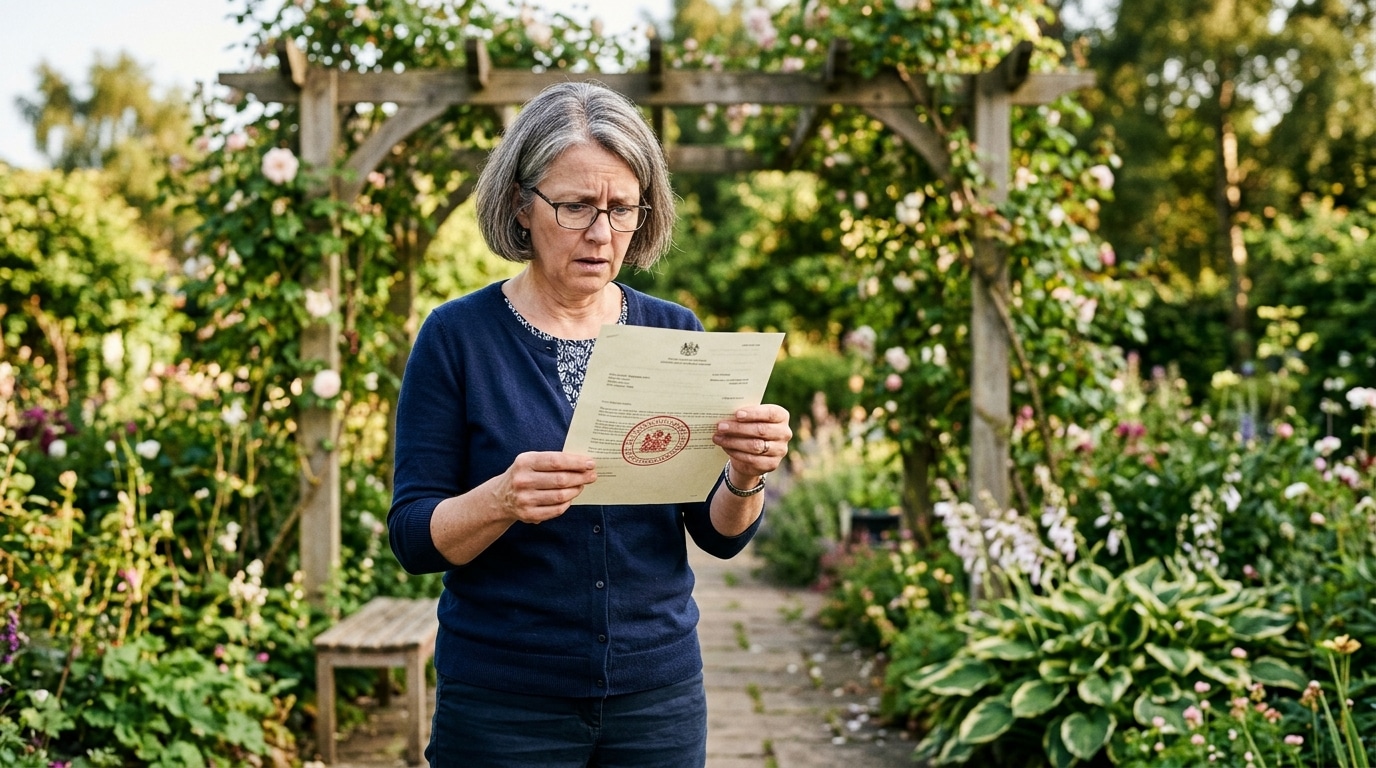 Personne lisant une lettre recommandée dans son jardin