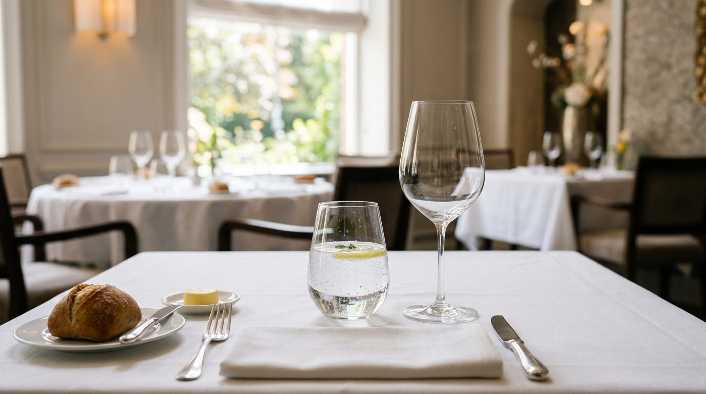 Verre d'eau et verre vide sur une nappe blanche de restaurant élégant