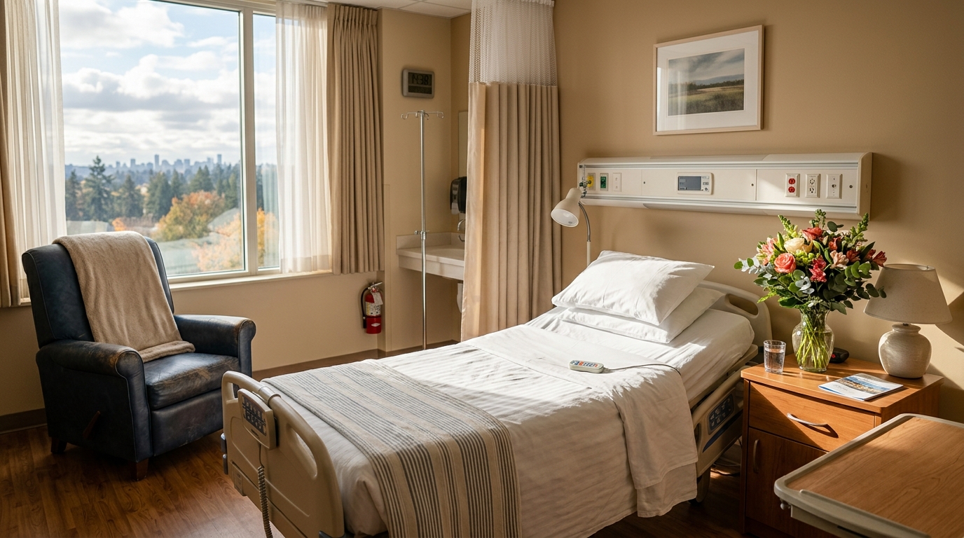 Chambre d'hôpital vide avec lumière douce, illustrant les visites de Cyril Féraud auprès de son père malade