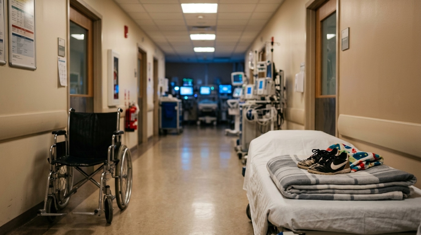 Chaussures de foot d'enfant posées sur un lit d'hôpital