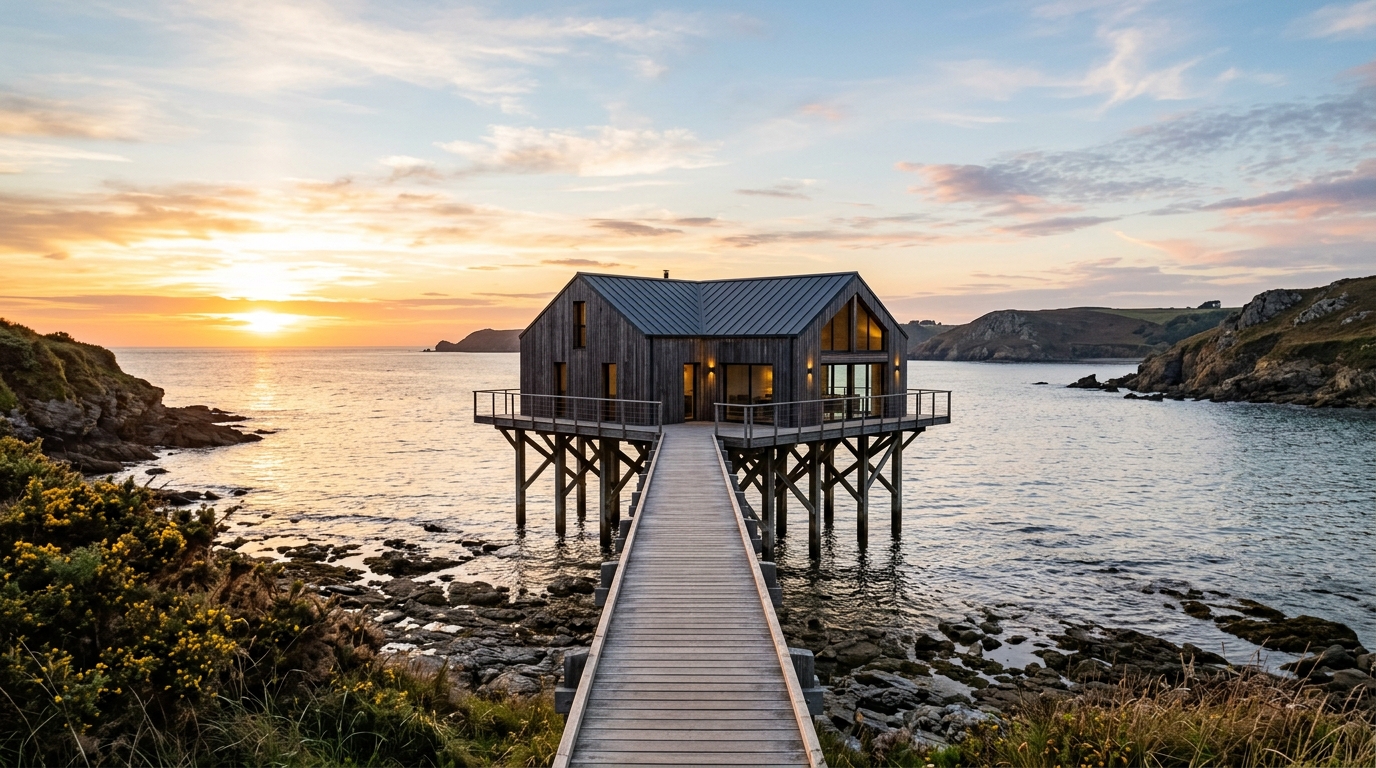 Maison design sur pilotis en Bretagne au coucher du soleil