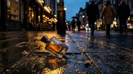 Flacon de parfum contrefait abandonné sur un trottoir