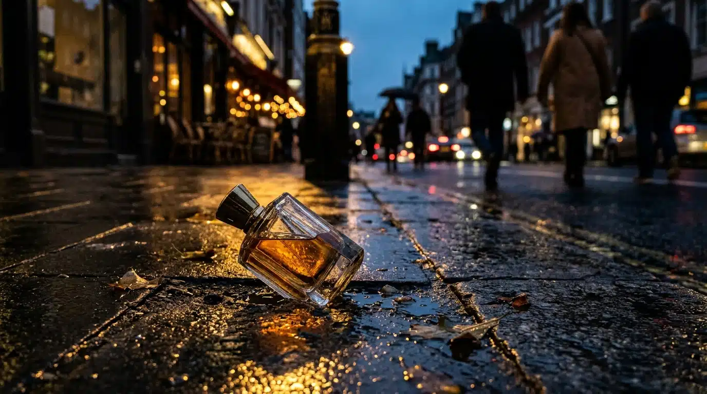 Flacon de parfum contrefait abandonné sur un trottoir