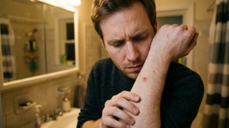 Homme inquiet examinant une tache suspecte sur son bras