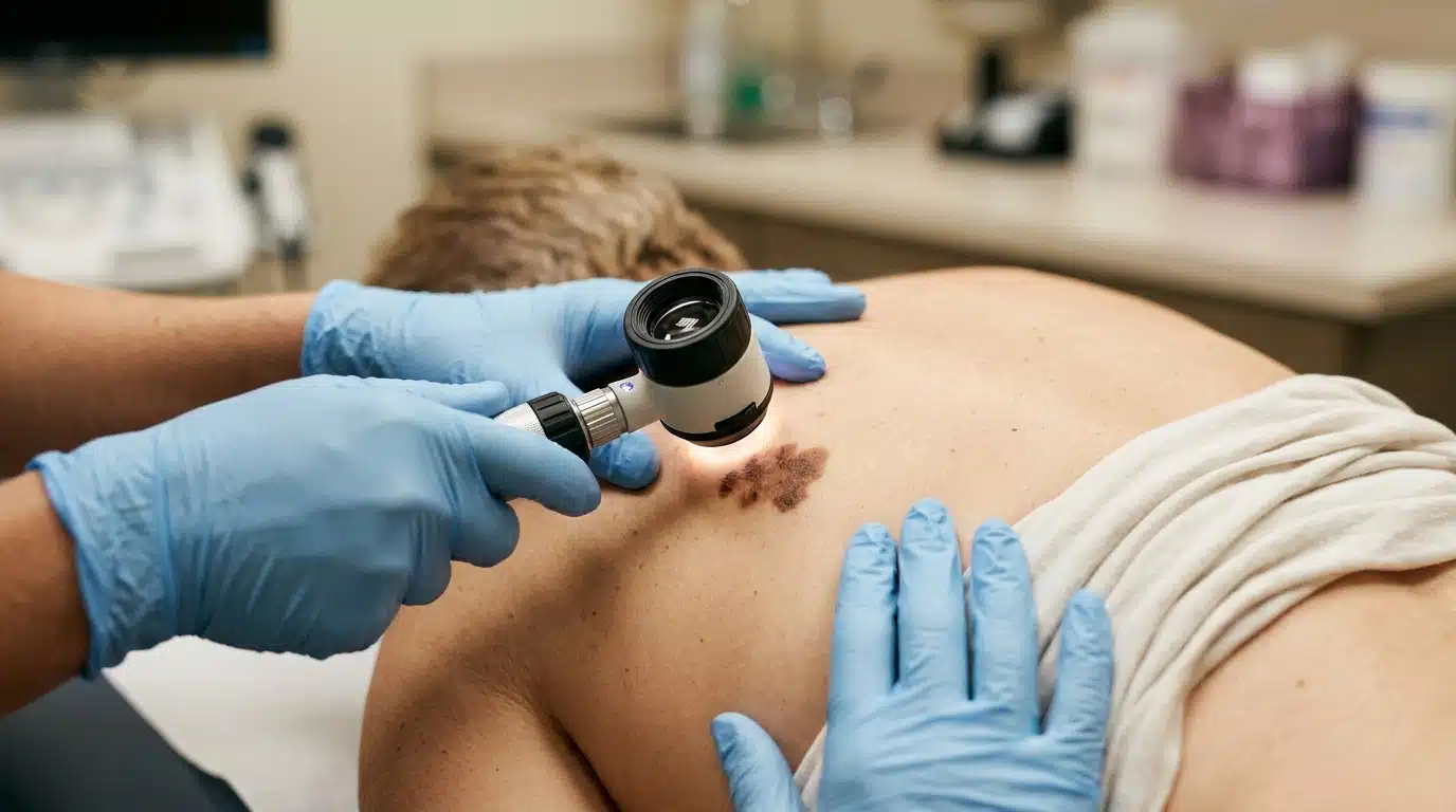 Dermatologue examinant un grain de beauté suspect au dermatoscope