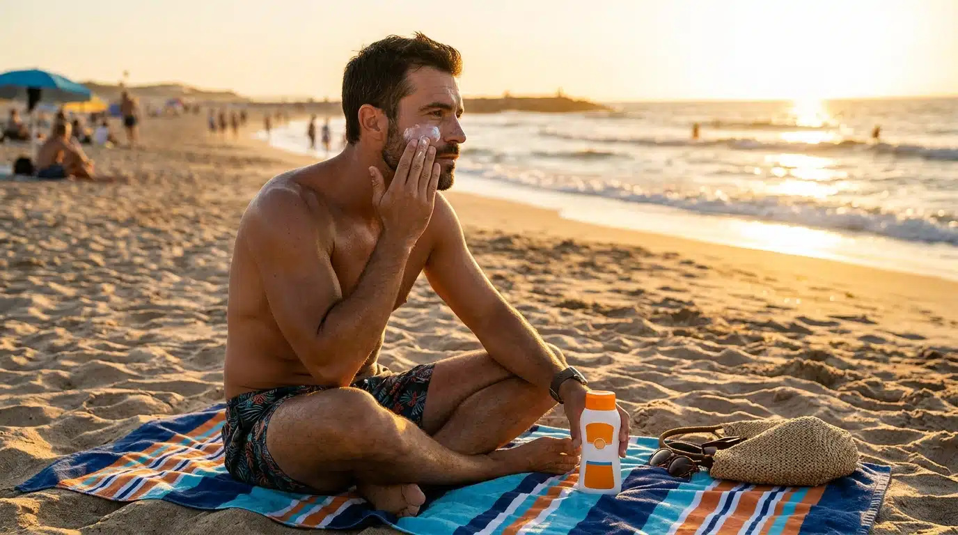 Homme appliquant de la crème solaire sur une plage