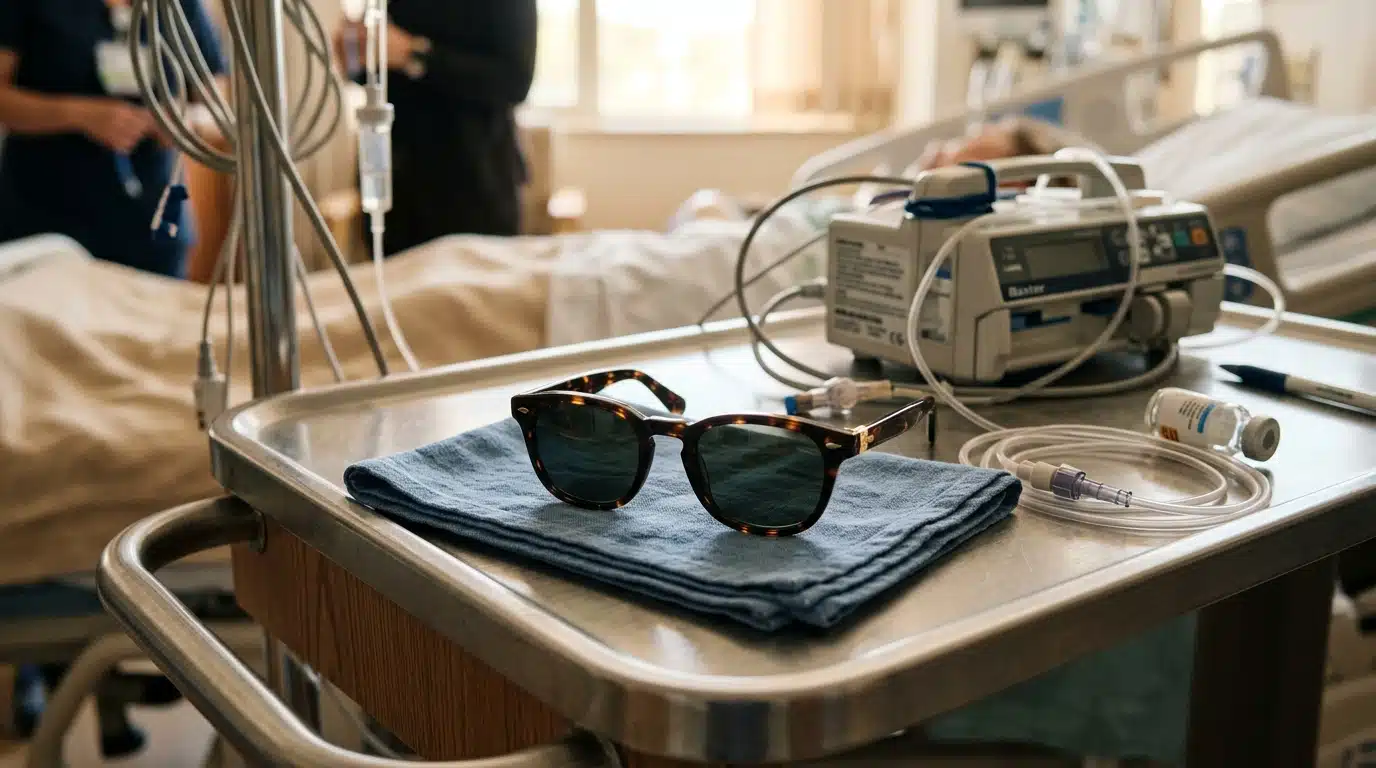 Paire de lunettes de soleil intacte sur plateau médical