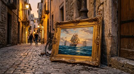 Tableau ancien dans un cadre doré abandonné dans une rue