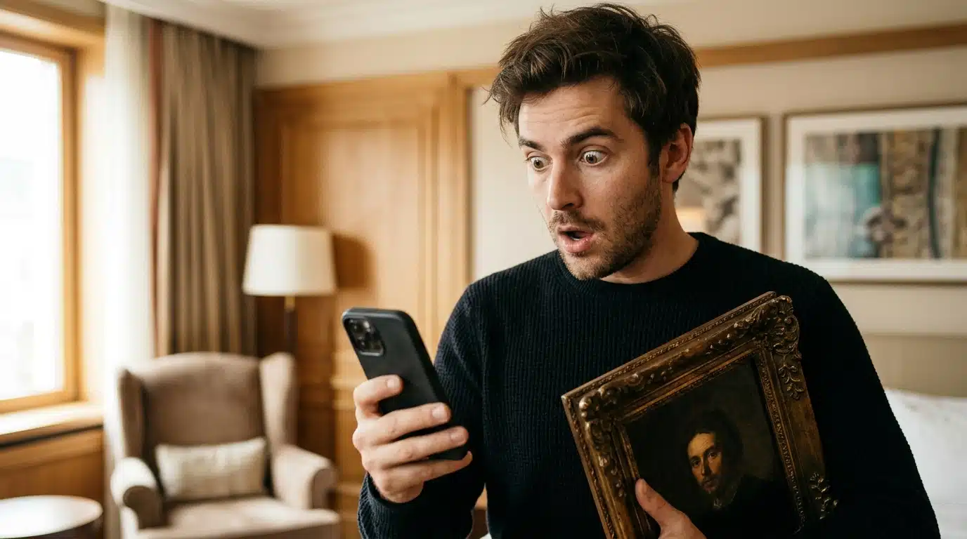 Homme stupéfait tenant son téléphone et une toile encadrée