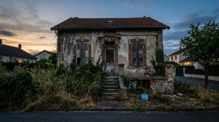 Maison abandonnée en périphérie urbaine au crépuscule