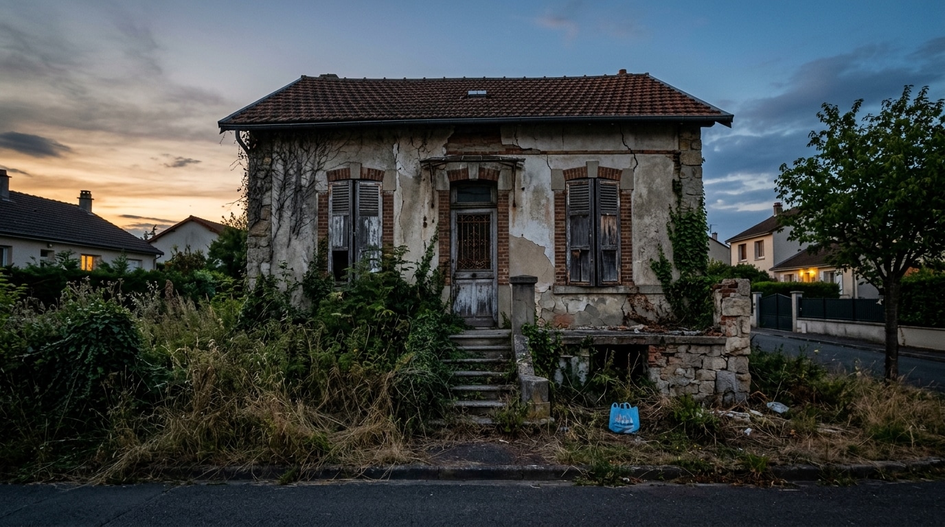 Maison abandonnée en périphérie urbaine au crépuscule
