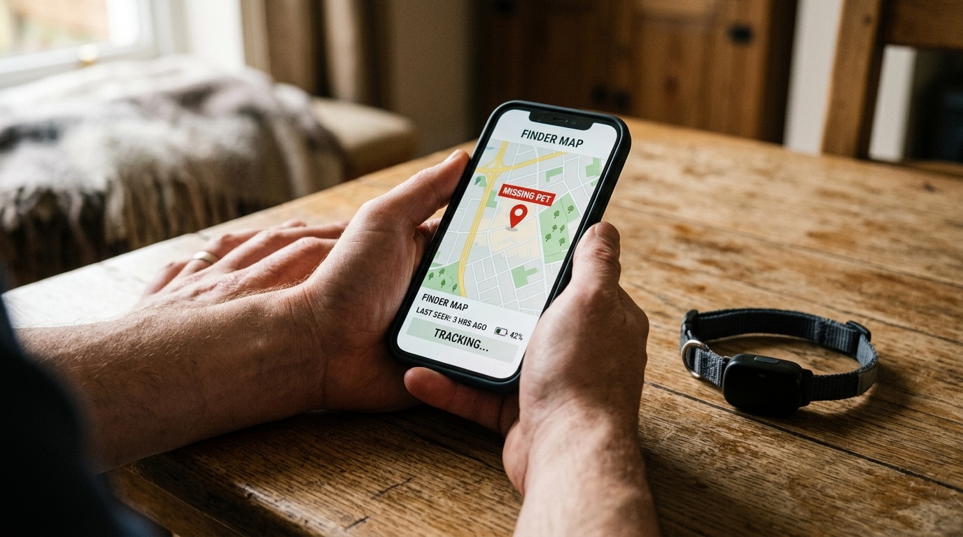 Collier avec traceur GPS posé près d'un smartphone