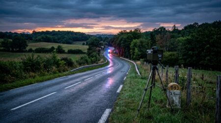 Radar de gendarmerie sur route de campagne au crépuscule