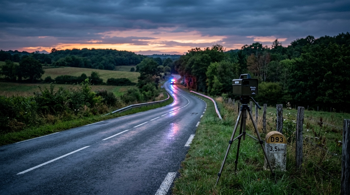 Radar de gendarmerie sur route de campagne au crépuscule