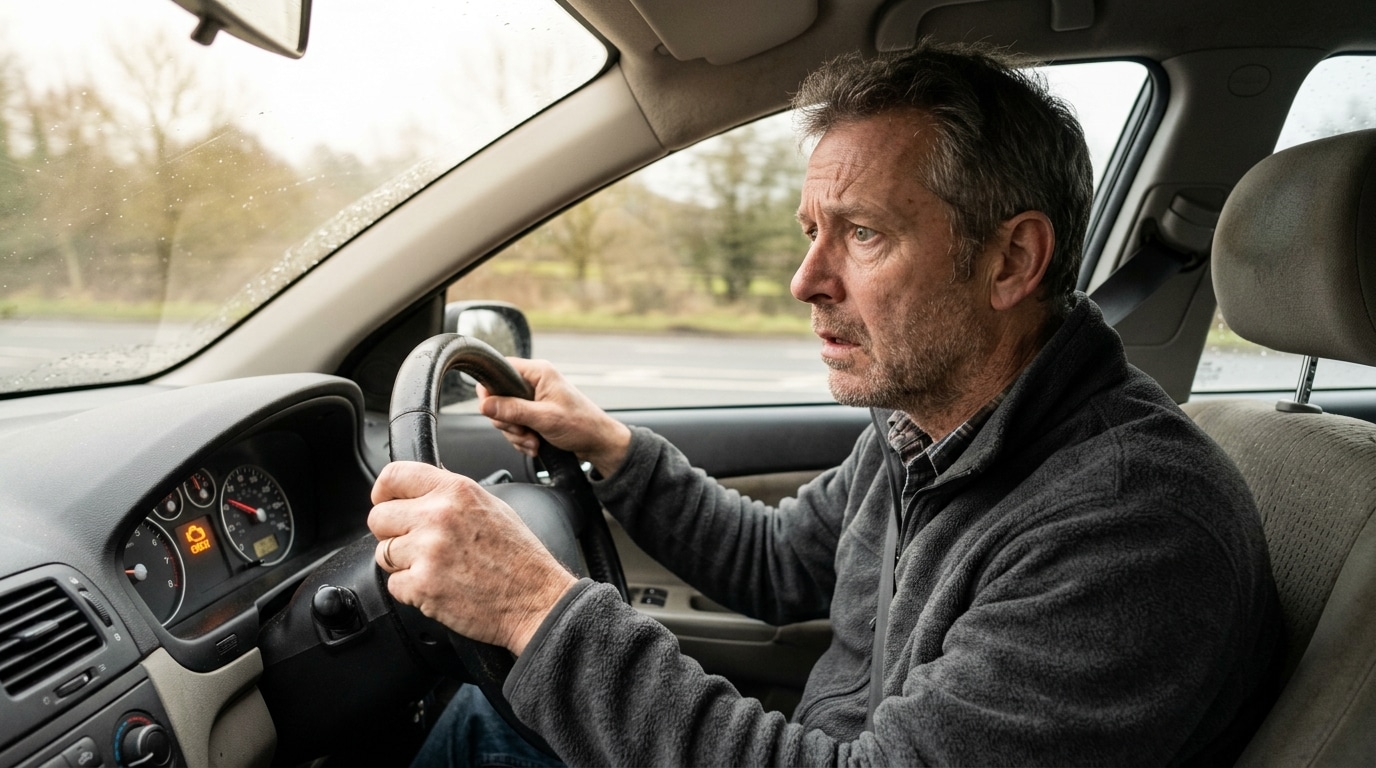 Conducteur anonyme au visage inquiet dans sa voiture