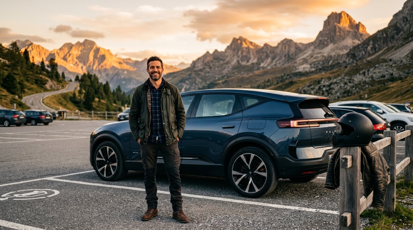 Homme souriant devant sa Tesla Model Y en montagne