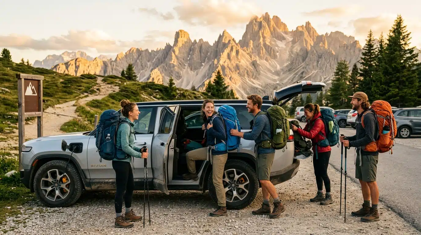 Groupe de randonneurs montant en voiture électrique