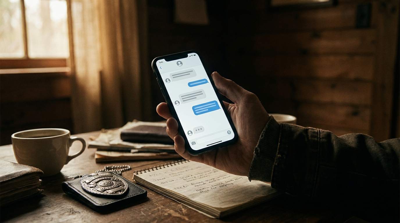 Smartphone affichant une application de rencontre sur un bureau de police