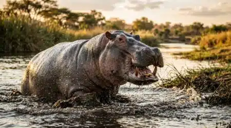 Hippopotame massif émergeant d'une rivière boueuse