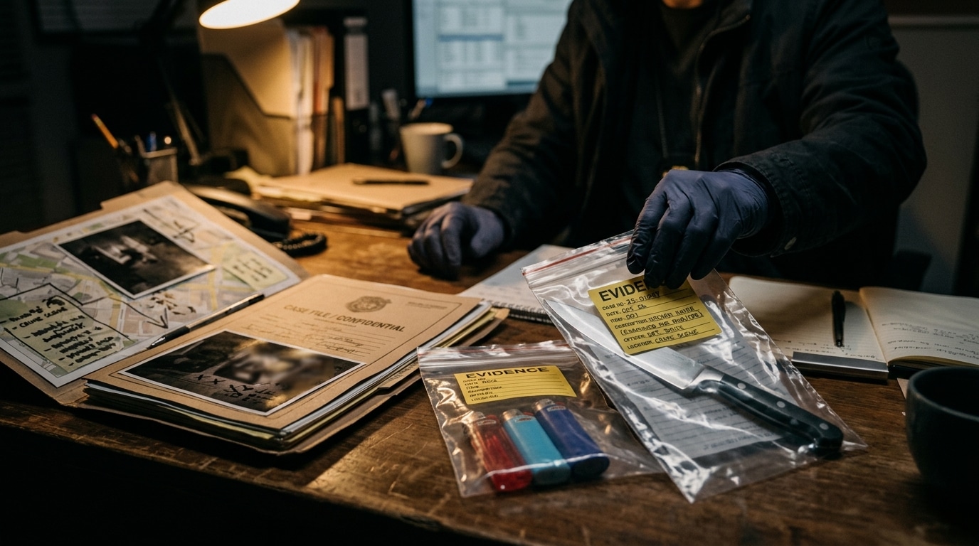 Preuves saisies par la police sur un bureau