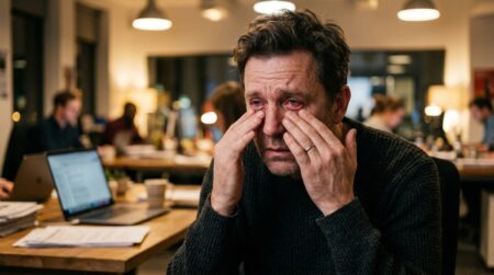 Homme se frottant les yeux irrités et rouges