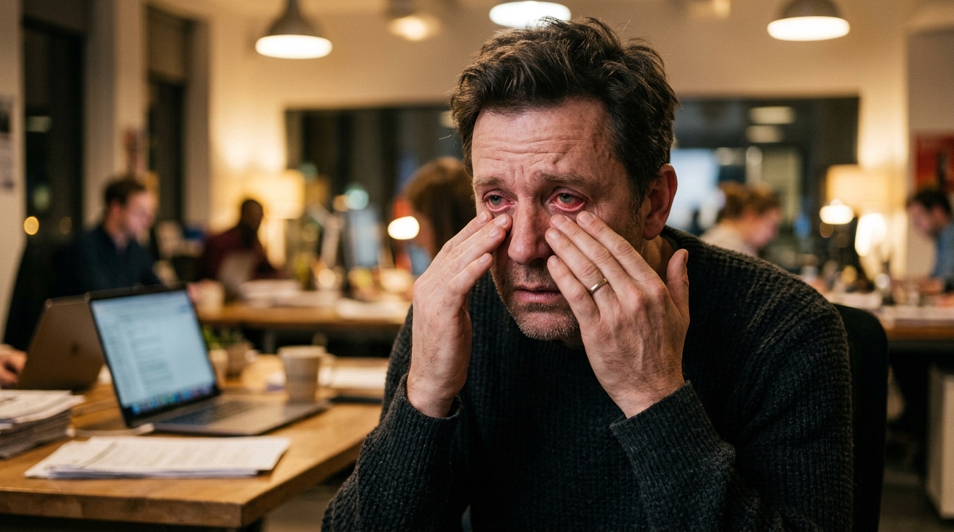 Homme se frottant les yeux irrités et rouges