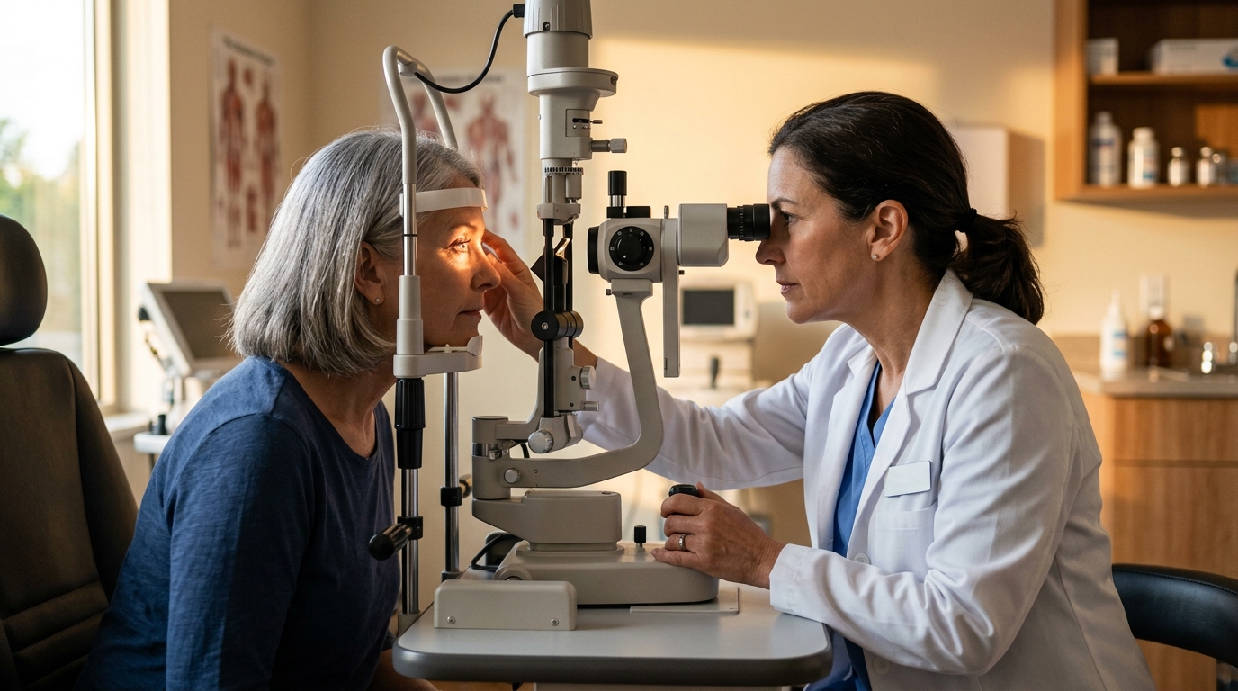 Ophtalmologue examinant les cils d'un patient à la lampe à fente