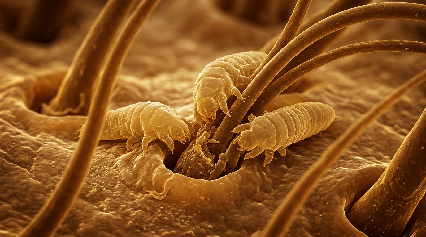 Illustration macro des acariens Demodex sur les cils