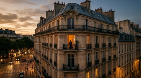 Façade d'un immeuble avec fenêtre ouverte au sixième étage