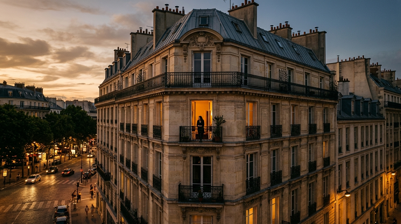 Façade d'un immeuble avec fenêtre ouverte au sixième étage
