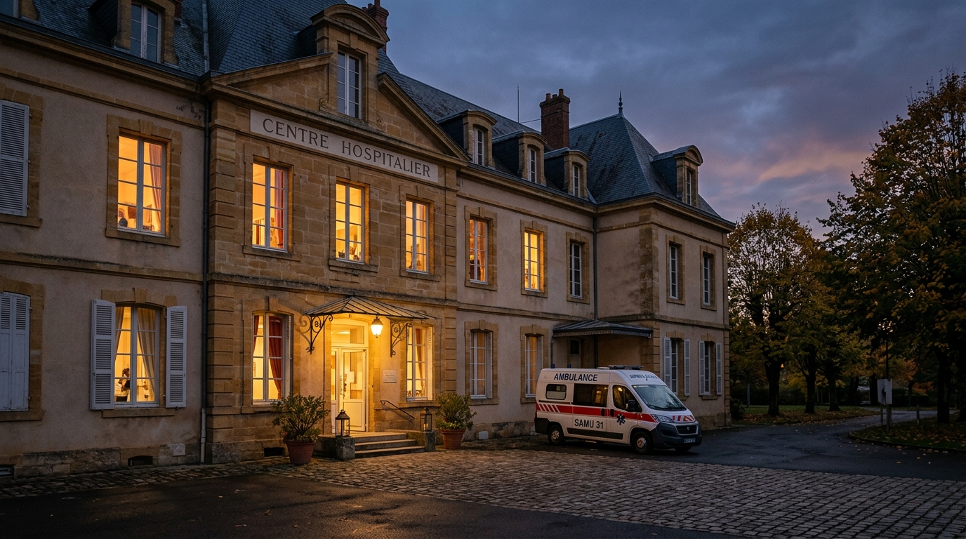 Façade du centre hospitalier d'Amiens en fin de journée