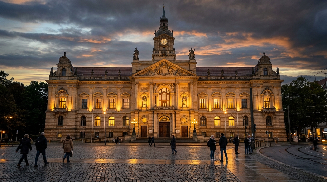 Tribunal régional de Berlin illuminé au crépuscule