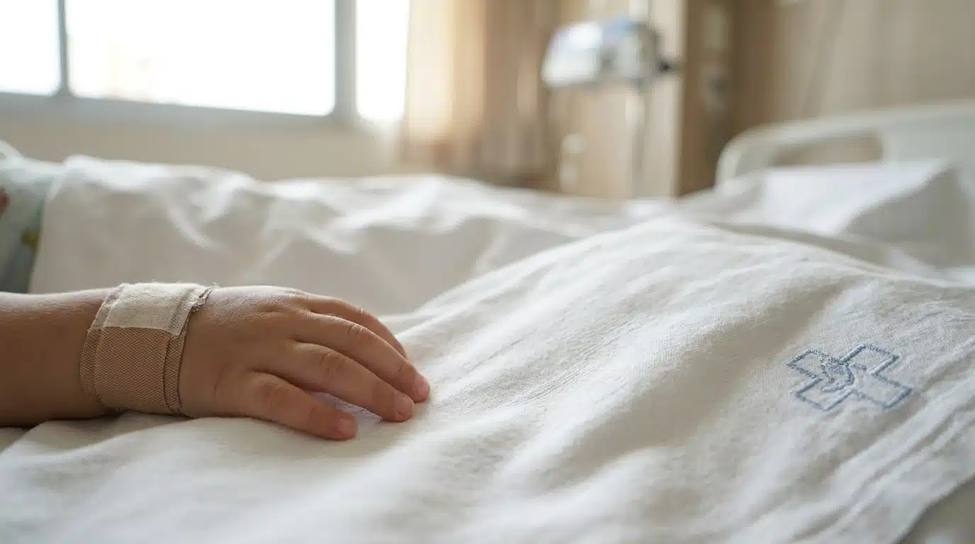 Main d'enfant posée sur un drap blanc d'hôpital