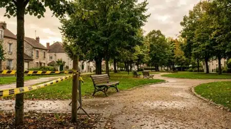 Parc public aux Ulis avec ruban de police après l'incident