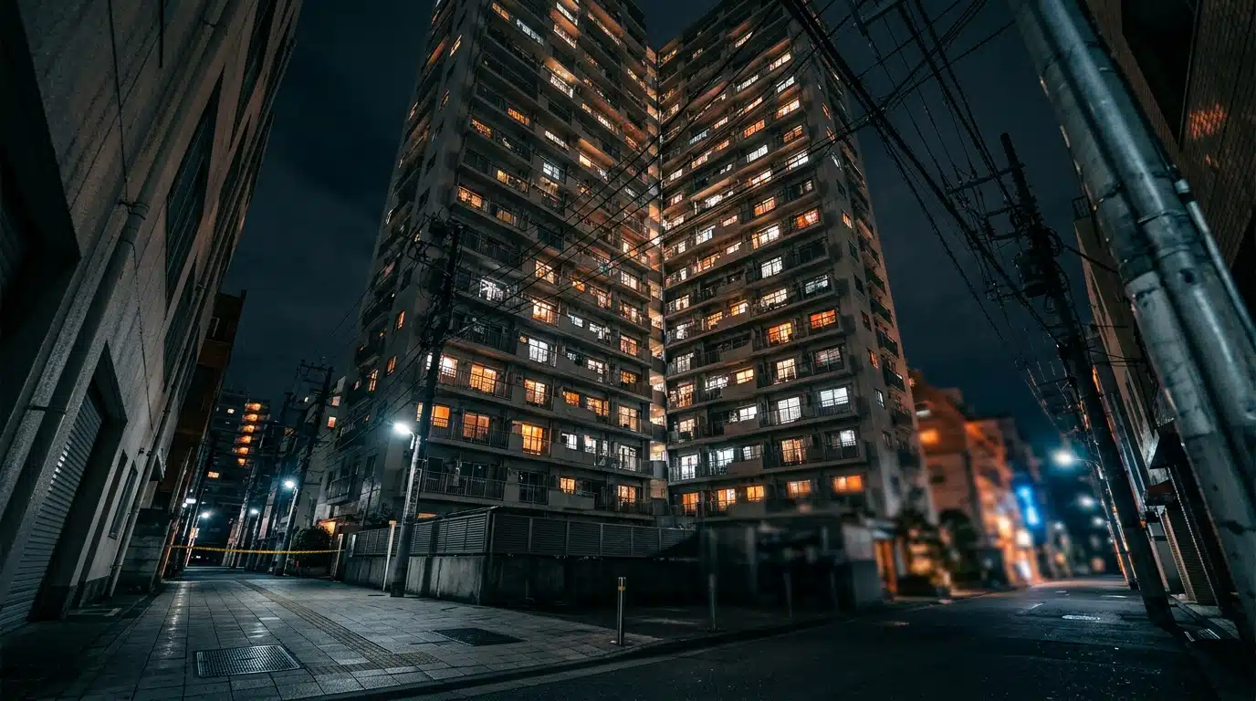 Immeuble japonais illuminé de nuit vu d'en bas