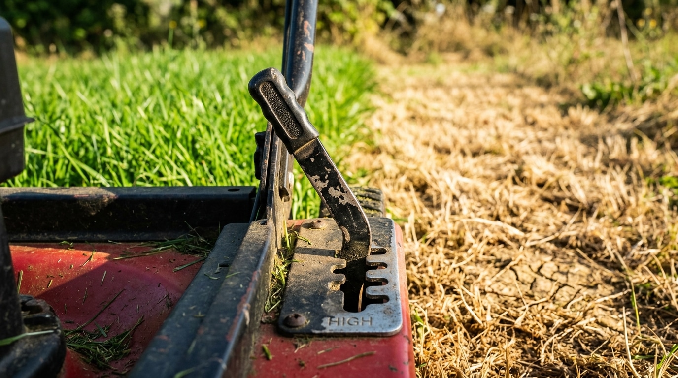 Tondeuse réglée haute entre herbe verte et jaunie