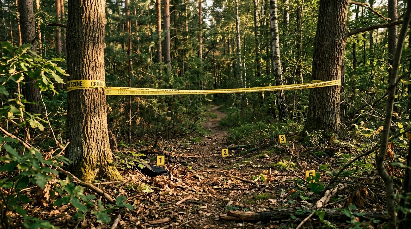 Scène de crime en forêt avec ruban de police