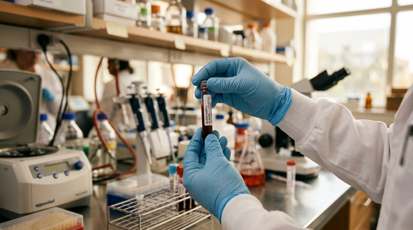 Main gantée tenant un tube d'échantillon sanguin en laboratoire