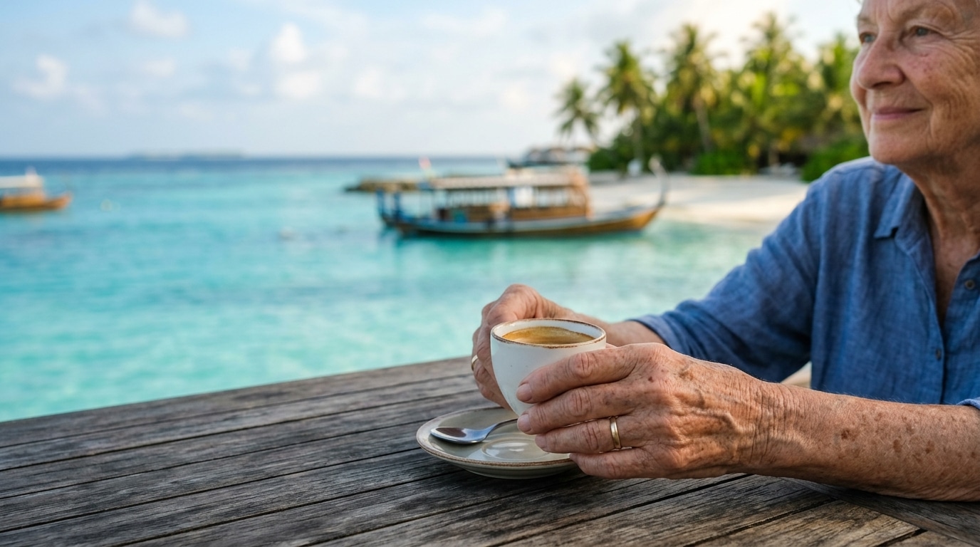 Retraité sirotant un café face au lagon mauricien
