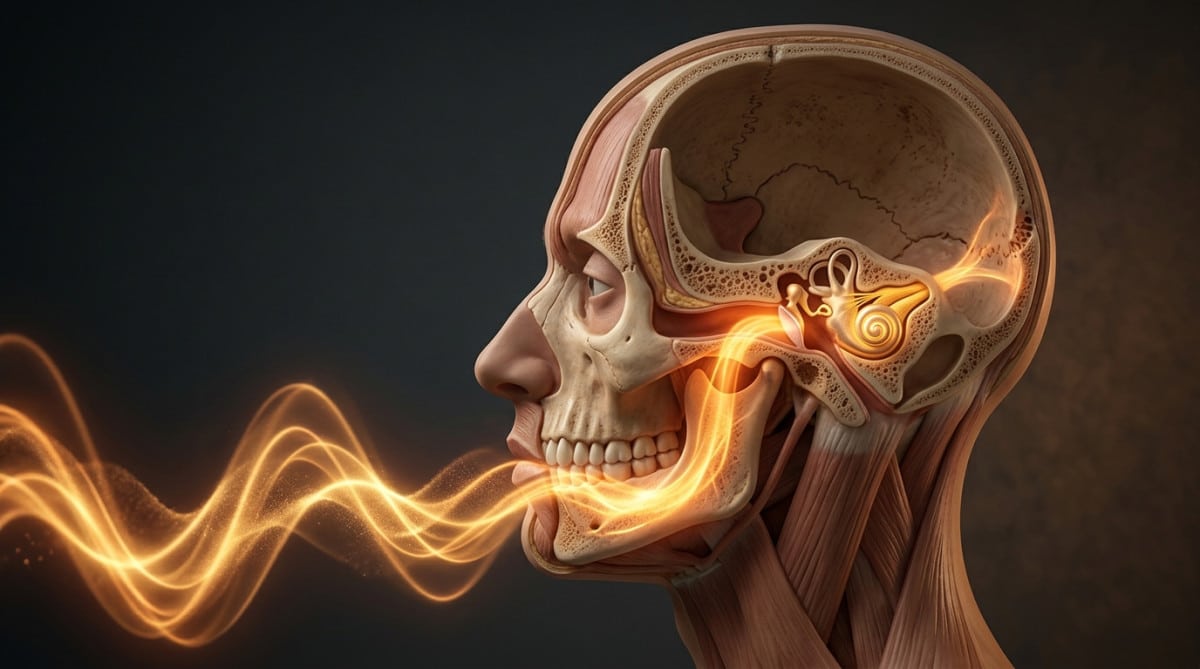 Illustration des ondes sonores traversant le crâne