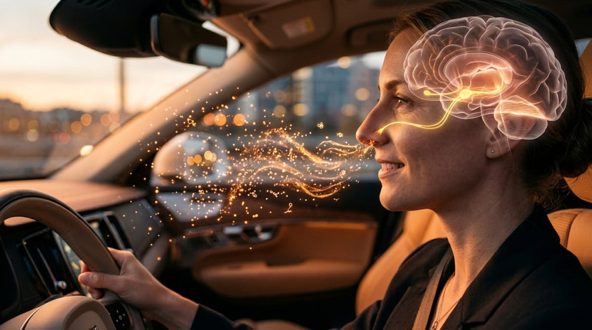 Illustration du nez percevant des odeurs dans une voiture